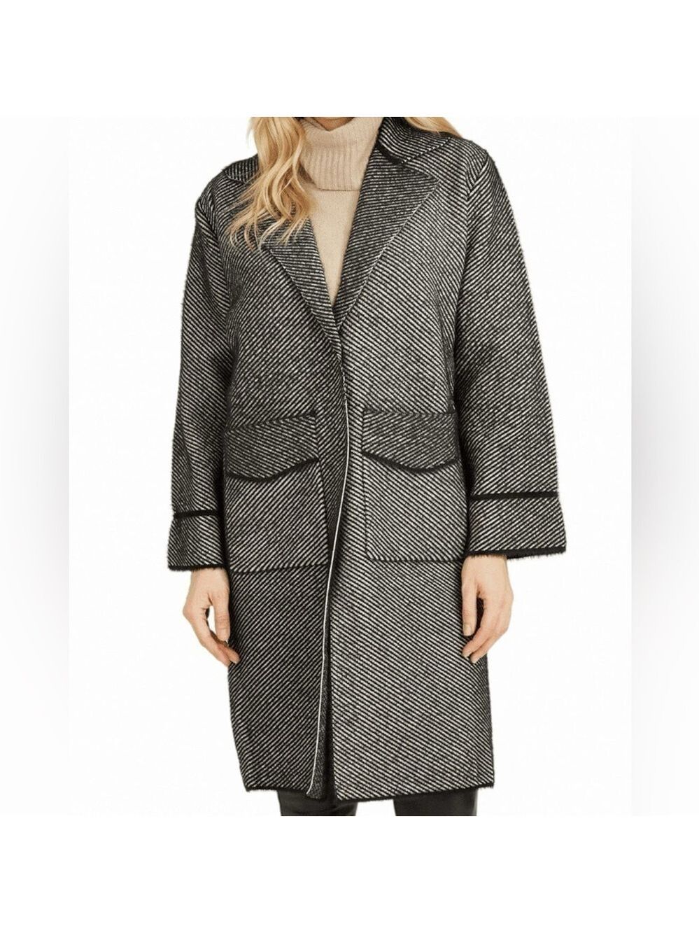 Baciano Women’s Stripe Print Black & White Button Closure Wool Blend Coat S